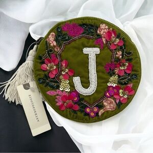 NWT Anthropologie Anna Harlow Russo Monogram Beaded Velvet Pouch Letter Wallet J